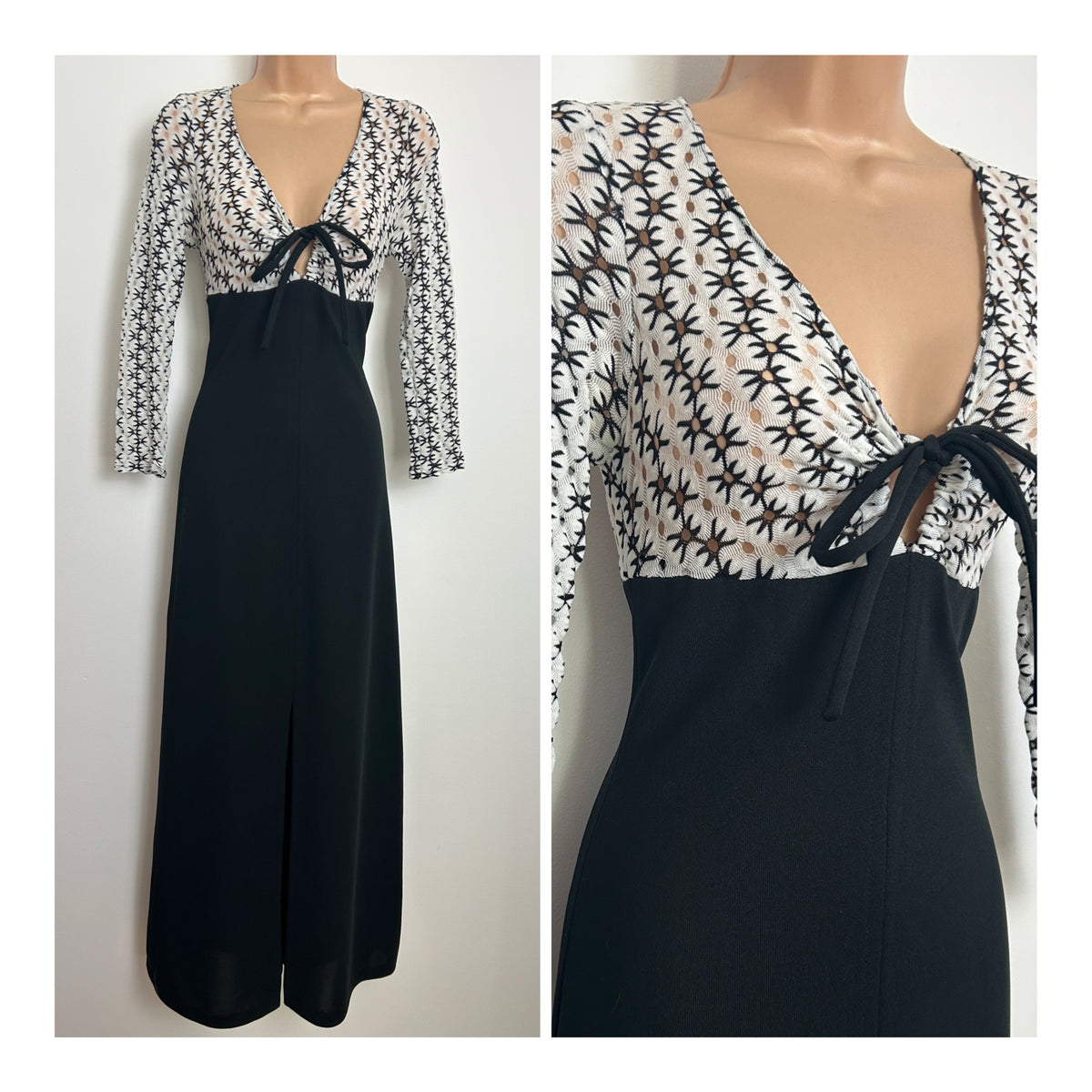 Vintage 1970s Size 6-8 Black & White Keyhole Cut Out Bodice Tie Front Maxi Dress