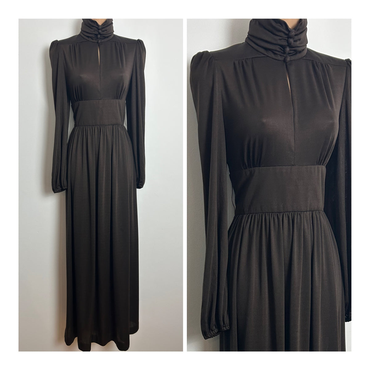 Vintage 1970s WALLIS FASHIONS UK Size 8-10 Brown High Neck Keyhole Long Sleeve Maxi Dress
