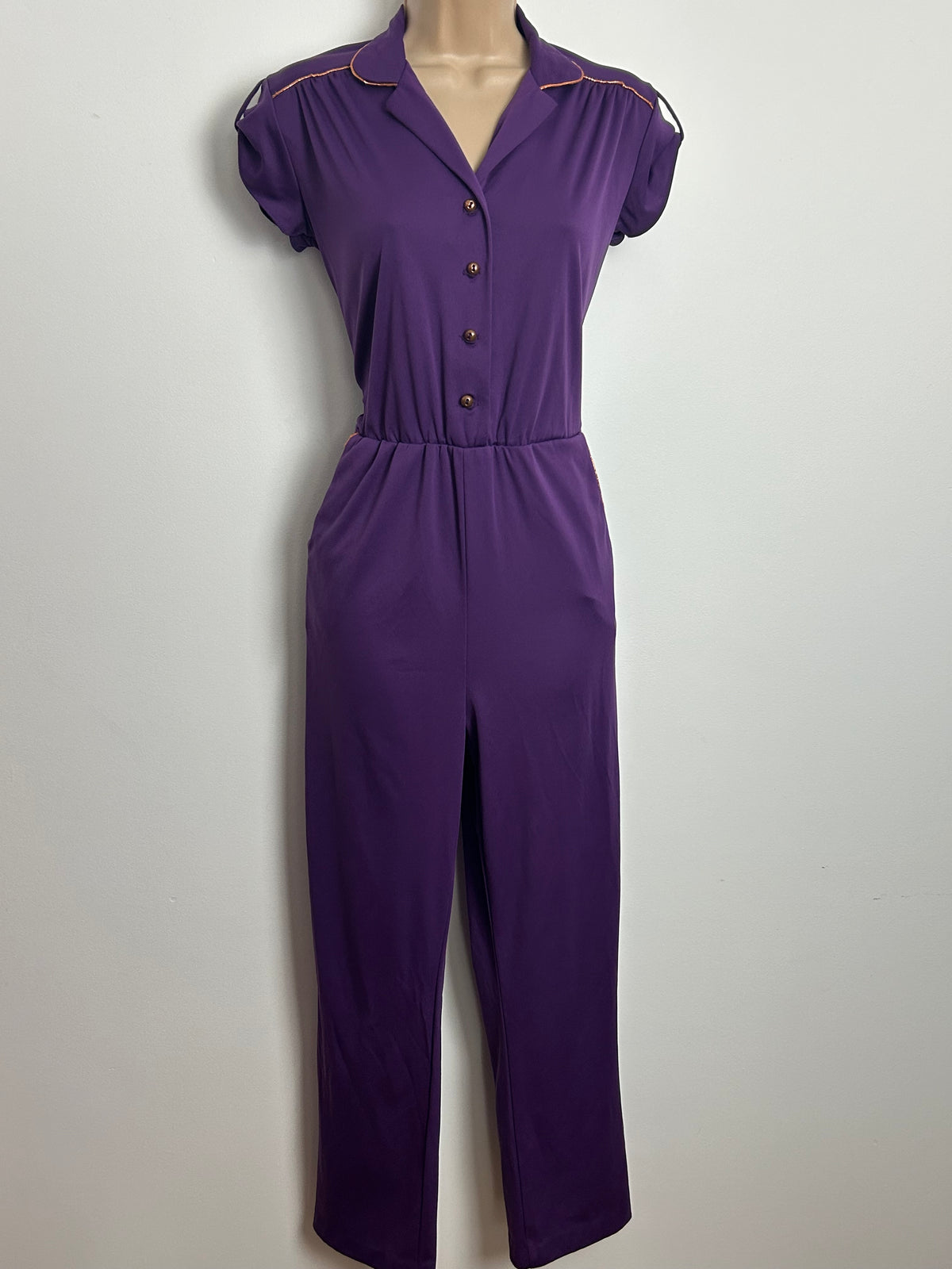 Vintage Early 1980s J.C Penney Purple & Bronze Piping Trim Straight Leg Jumpsuit
