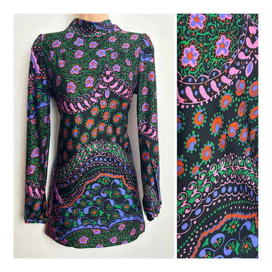 Vintage 1970s SPORTAVILLE Size 8 Black Purple Pink & Green Floral Print Tunic Top Or Mini Dress