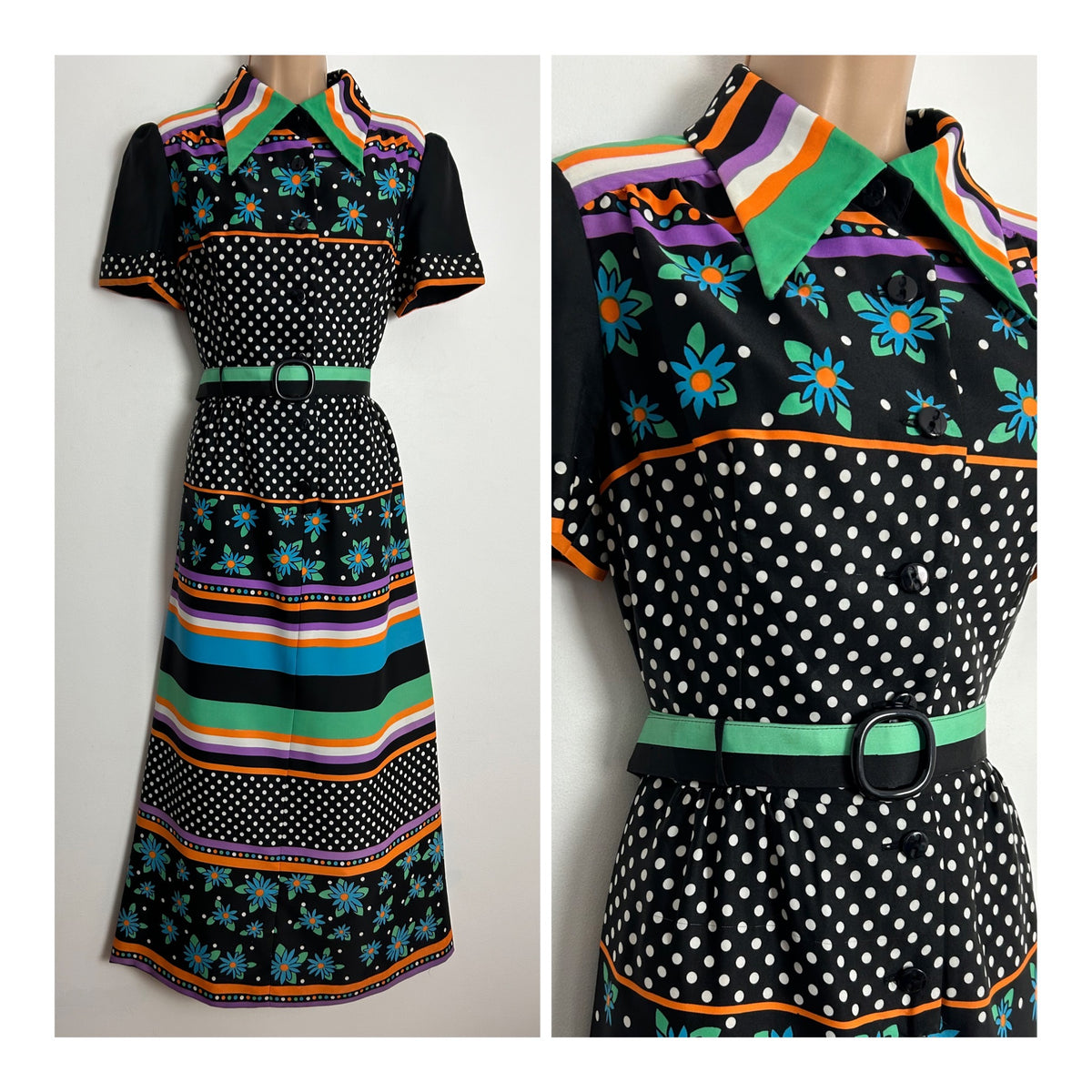 Vintage 1970s LADIES PRIDE UK Size 12-14 Black Green White Orange & Purple Stripe Floral & Polka Dot Print Belted Maxi Dress
