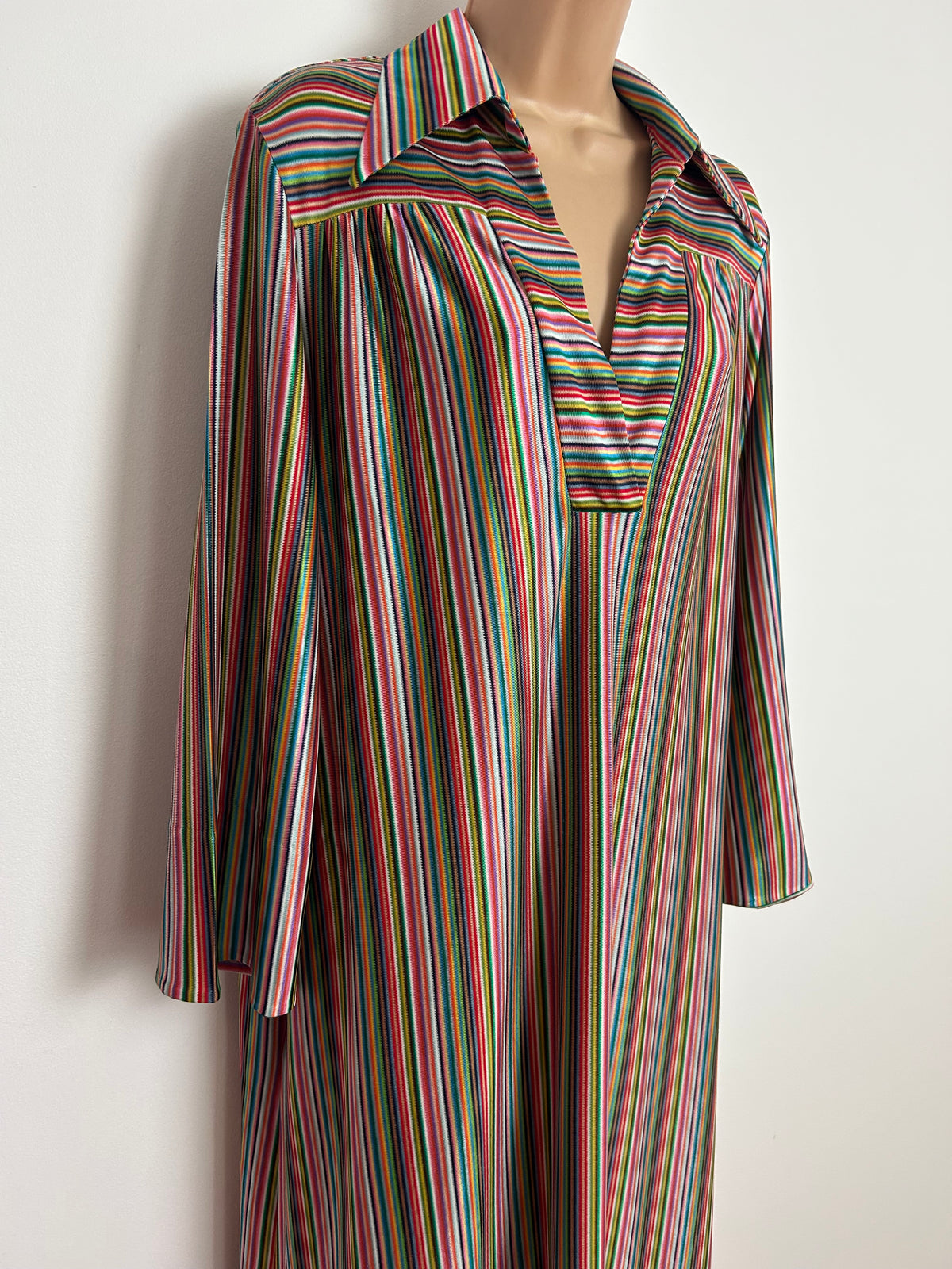 Vintage 1970s Up To Size 16 ST MICHAEL Green Pink Red Yellow Stripe Print Dagger Collar Kaftan Maxi Dress
