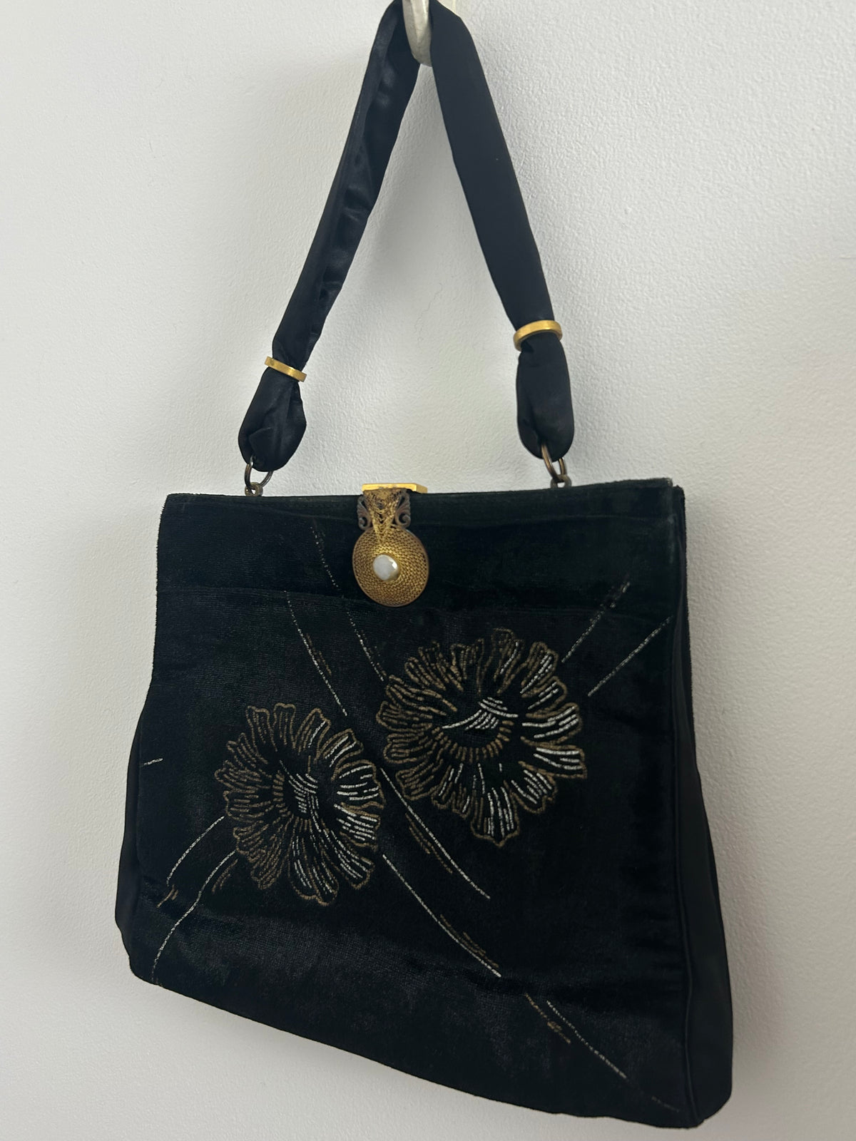 Vintage Early 1950s WALDYBAG Black Velvet Hand Painted Silver & Gold Floral Pattern Cocktail Handbag