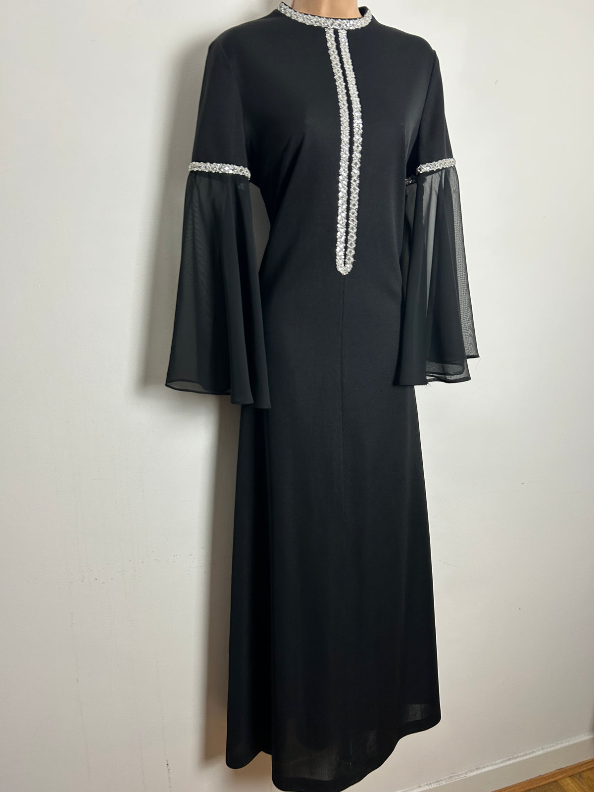 Vintage 1970s CLIFTON Size 14 Black & Silver Braid Trim Flared Chiffon Sleeve Evening Maxi Dress