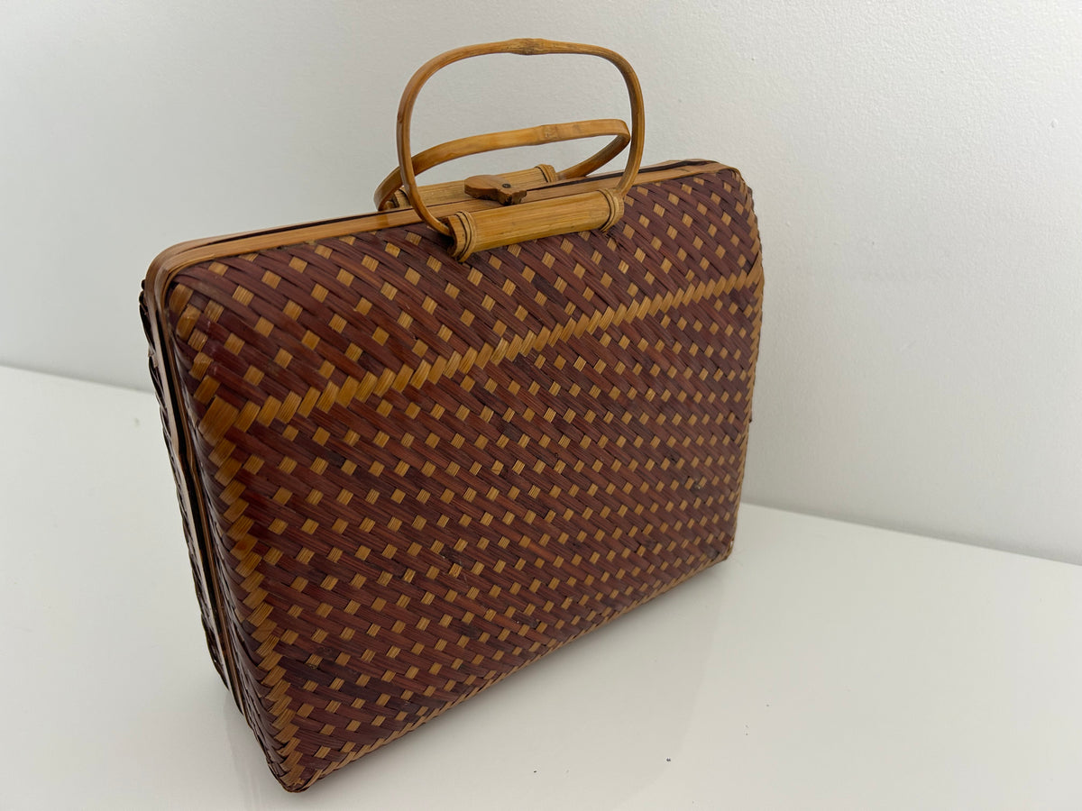 Vintage 1950s Peoples Republic Of China Brown & Tan Wicker Woven Box Style Handbag