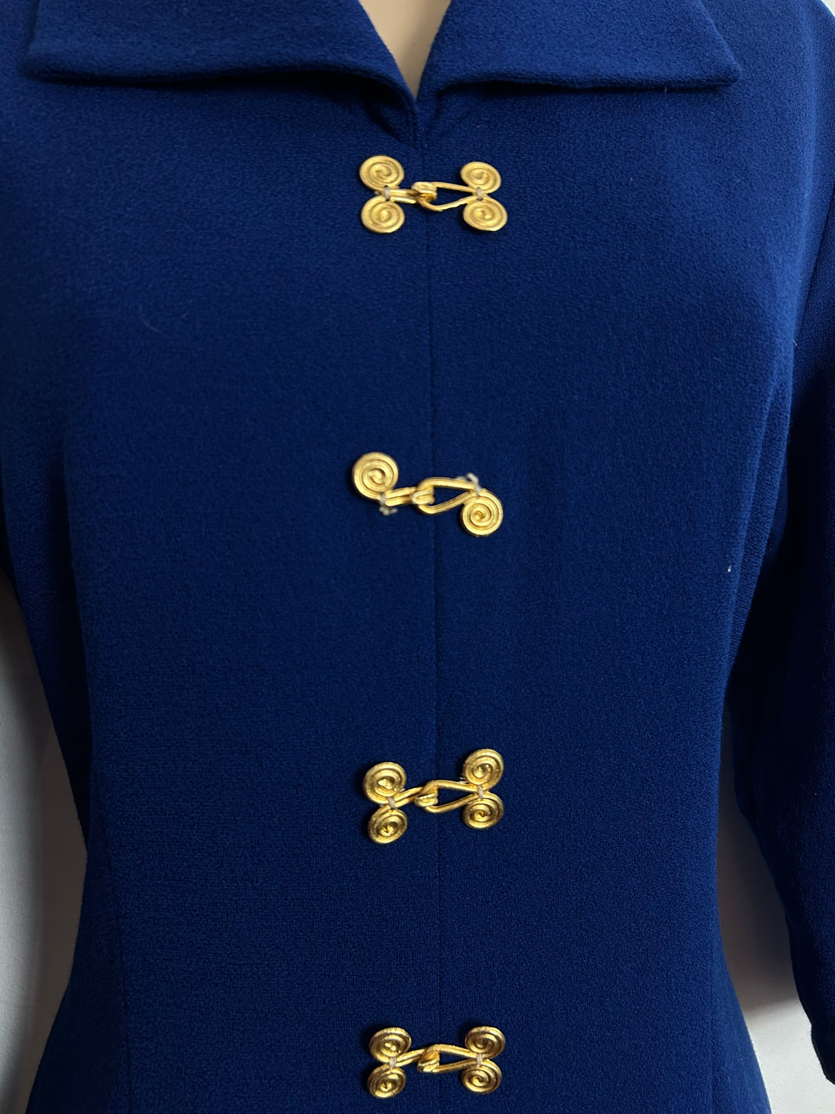 Vintage Early 1970s UK Size 8 Navy Blue Long Sleeve Wool Mix Long Sleeve Mod Day Dress