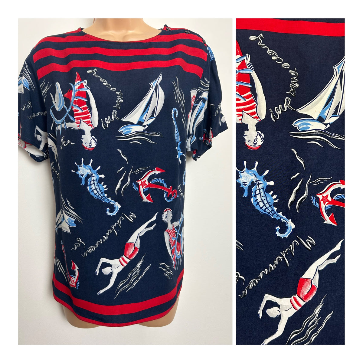 Vintage Y2K Size 12 Navy Blue White & Red Nautical Pin Up Girls Short Sleeve Top