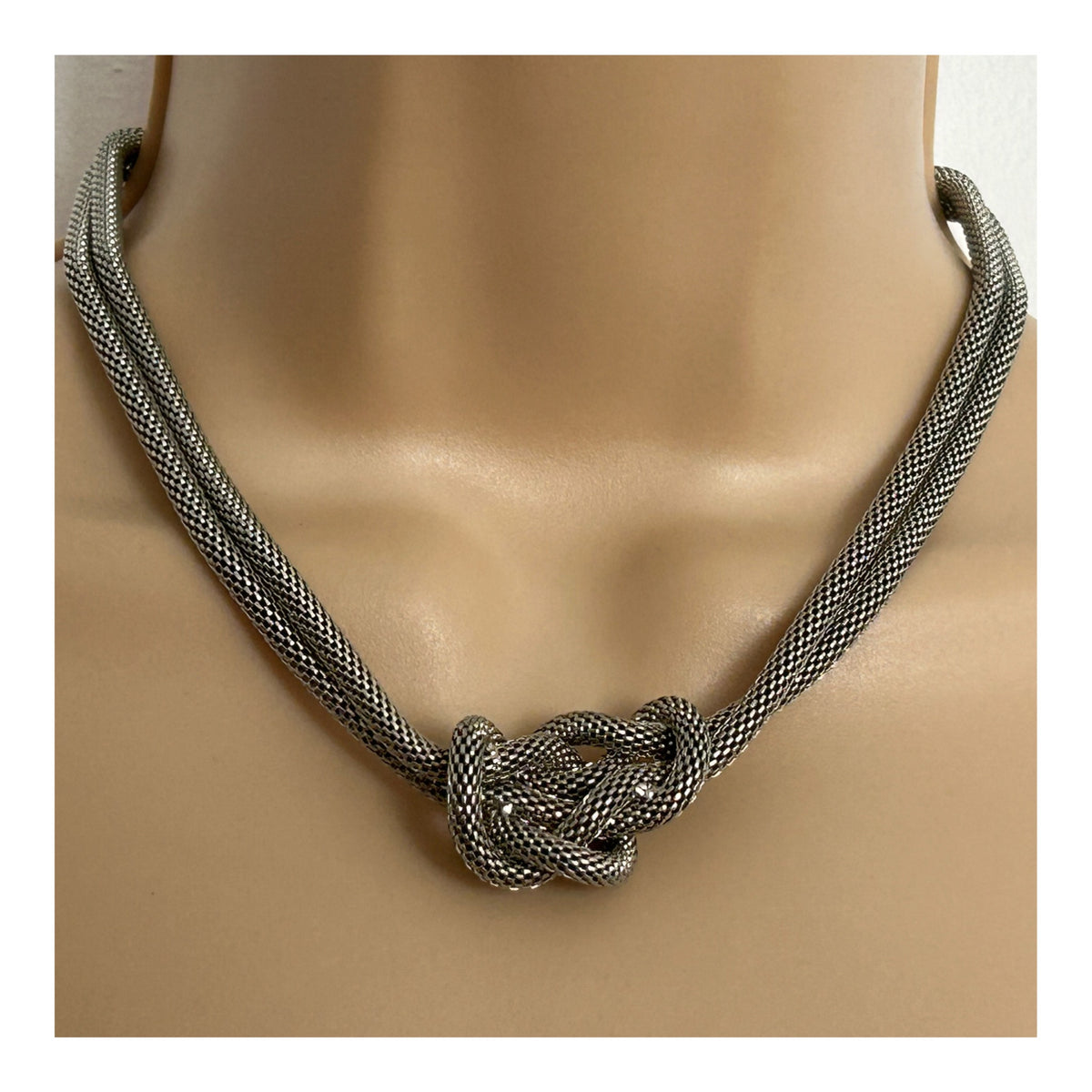 Vintage Silver Tone Mesh Metal Twist Knot Double Strand Necklace