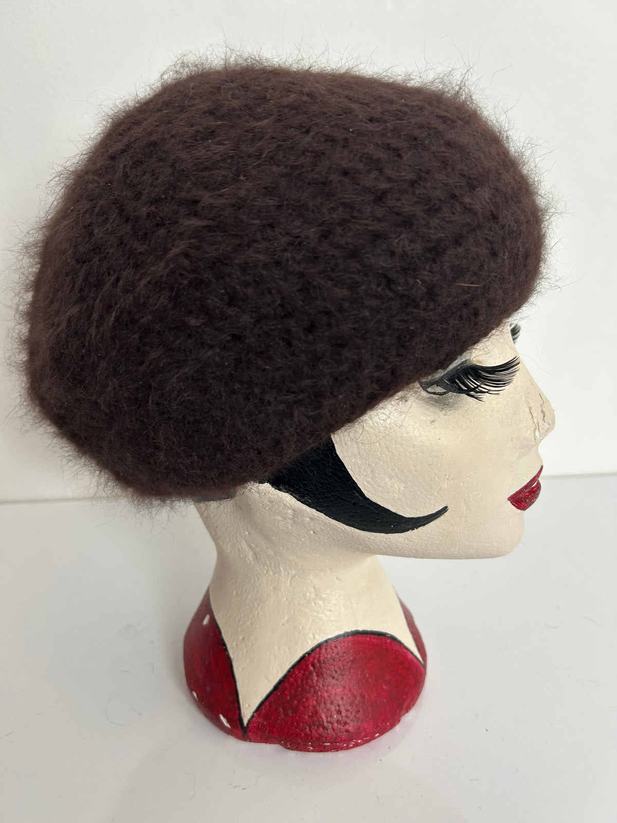 Vintage Handmade Dark Brown Angora & Wool Mix Semi Chunky Knit Beret/Beanie Style Hat