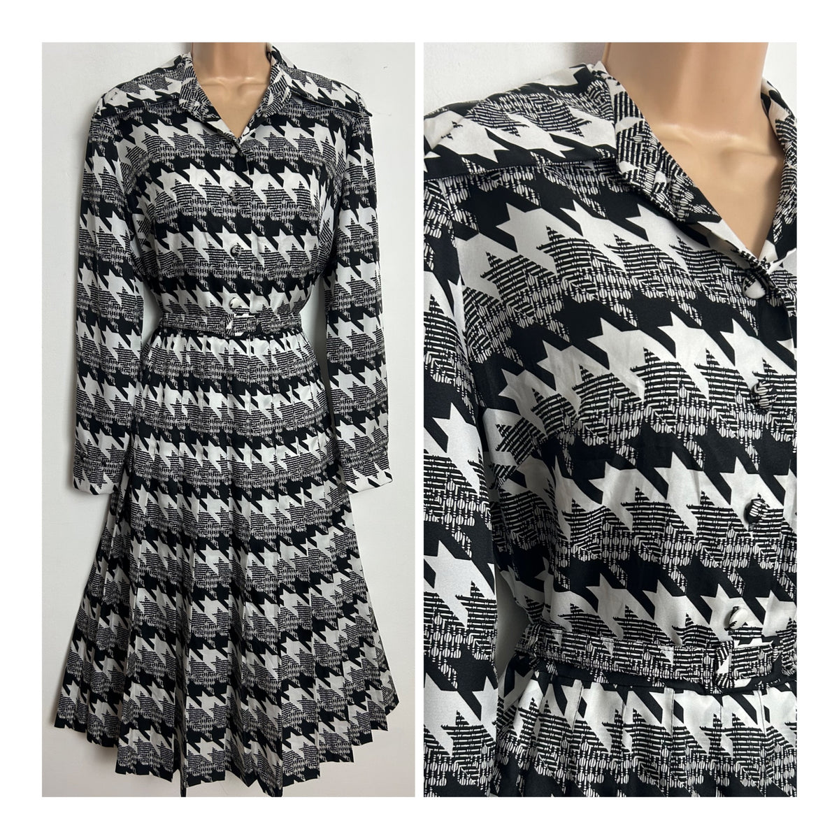 Vintage 1970s BUSSE COUTURE Size 10 Black & White Dogtooth Check Dagger Collar Belted Pleated Dress