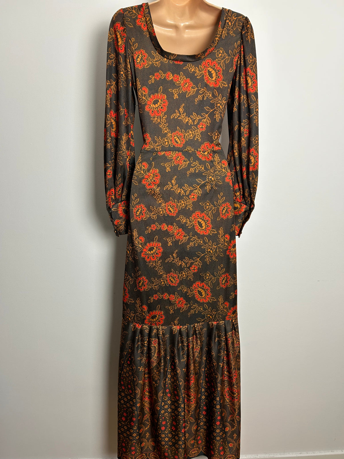 Vintage 1970s Size 8 Brown & Orange Floral & Polka Dot Print Long Sleeve Maxi Dress