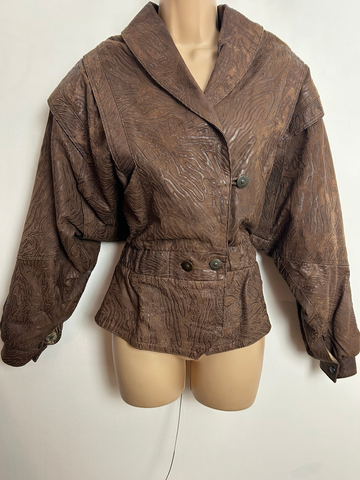 Vintage 1980s UK Size 12 Brown Leather Animal Print Fully Lined Bat Wing Jacket