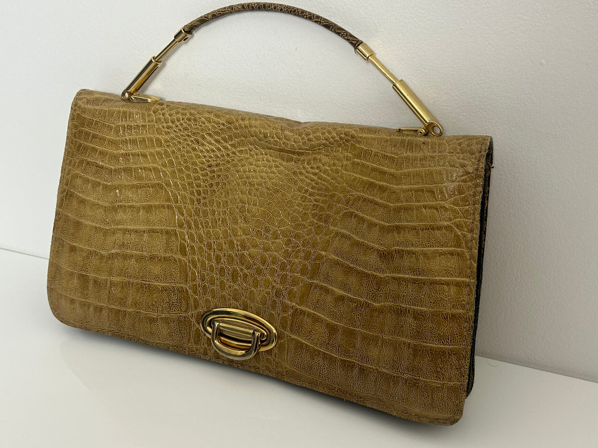 Vintage 1970s Camel Colour Reptile Mock Croc Grab Handle Handbag