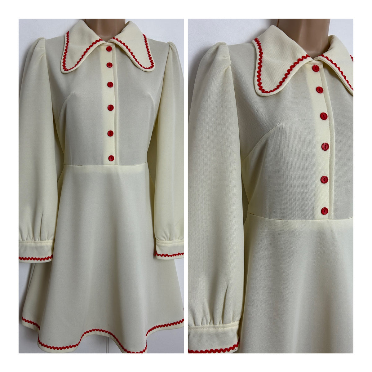 Vintage 1970s Size 8 Beagle Collar Ric Rac Trim Long Sleeve Mini Mod Dress