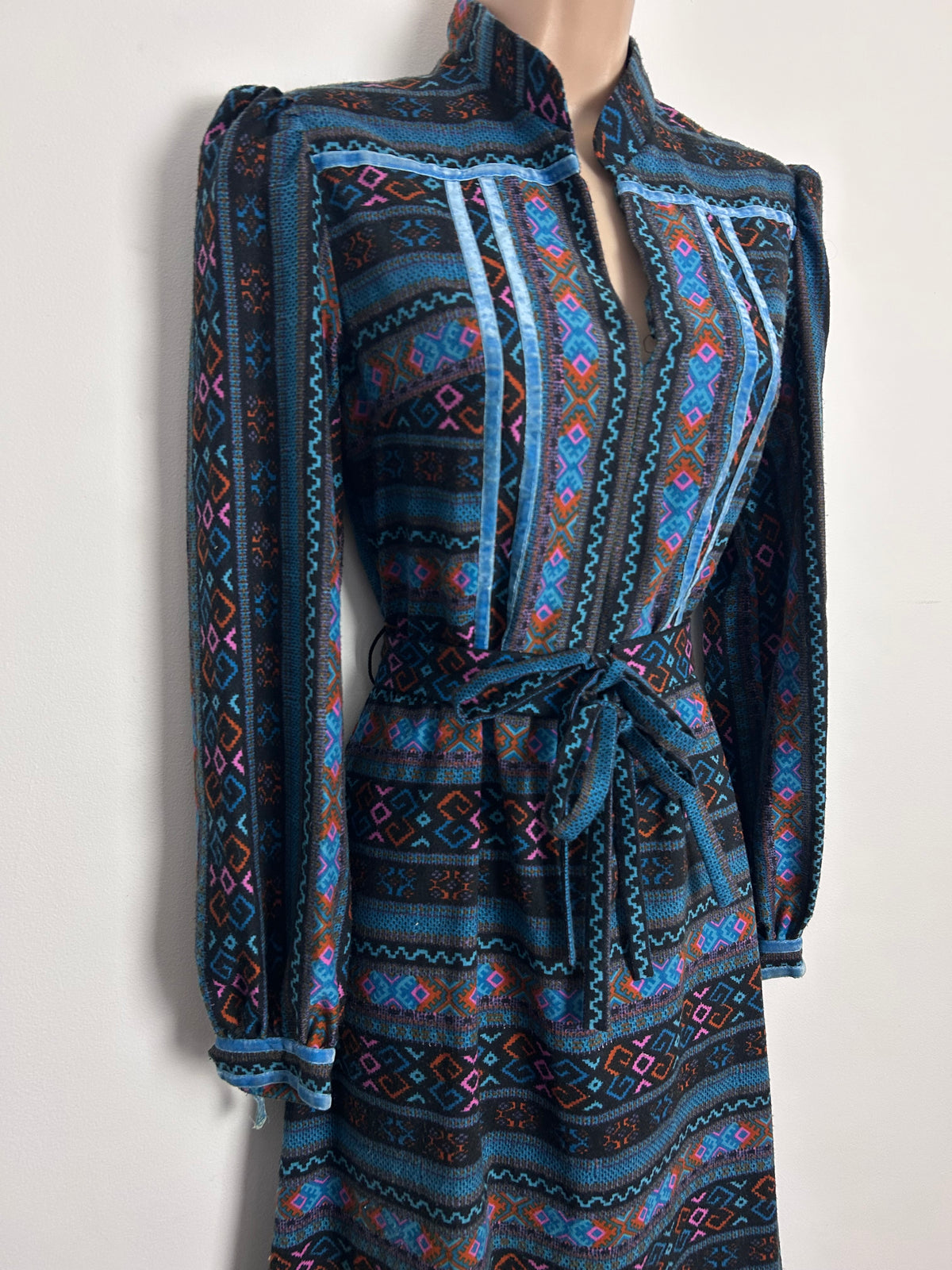 Vintage 1970s Size 8 Black Teal Rust & Pink Geo Print Velvet Ribbon Trim Belted Cotton Maxi Dress