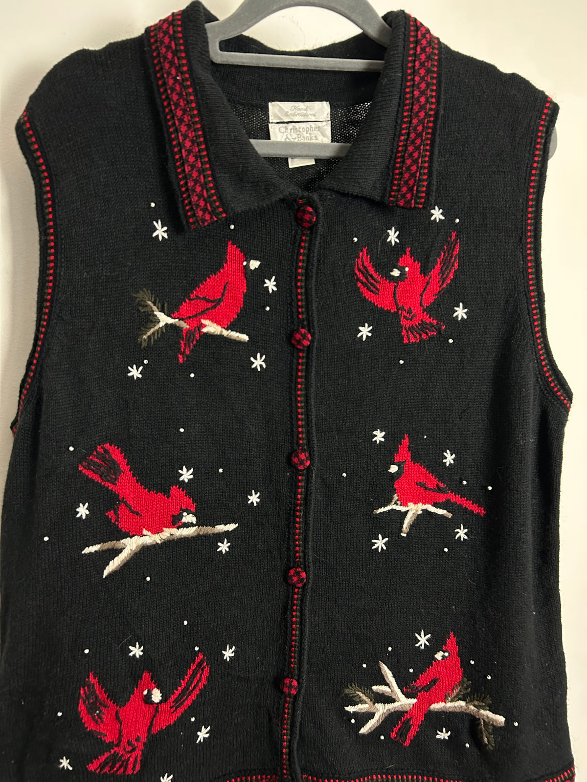 Vintage Y2K CHRISTOPHER & BANKS Up To Size 16 Black & Red Bird Pattern Sleeveless Cardigan