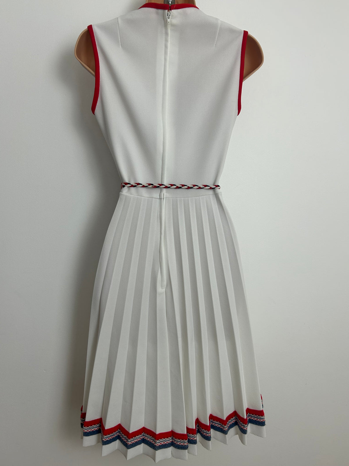 Vintage Early 1970s Size 6 White Red & Blue Stripe Braid Embellished Belted Pleated Summer Mod Dress