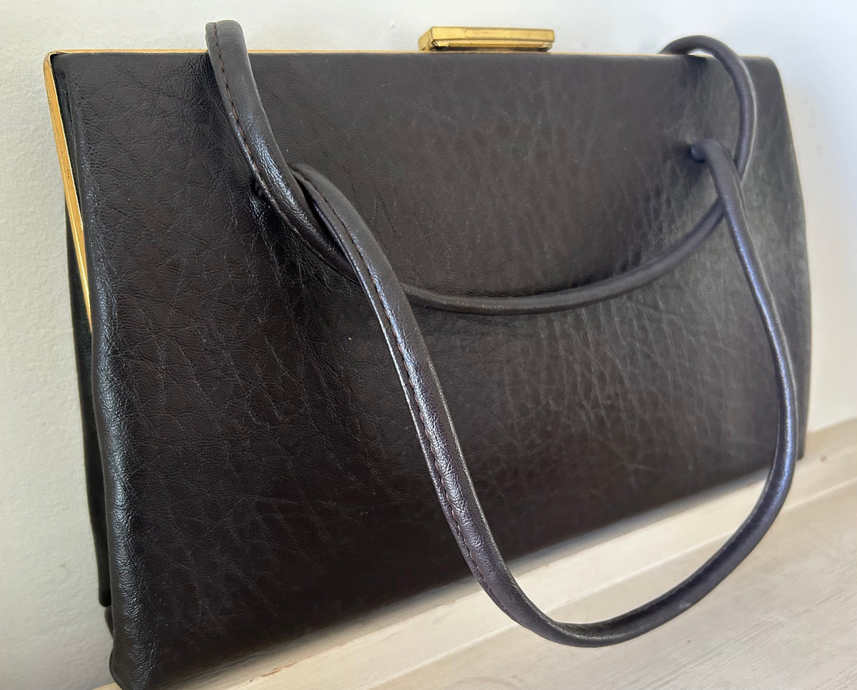 Vintage 1950s/60s BOOTS CLASSIC BAG Dark Brown Faux Leather Kelly Style Handbag