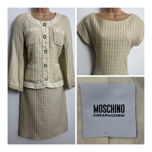 Vintage 1990s MOSCHINO CHEAP & CHIC Size 10 Cream Crinkle 60s Style Dress & Jacket Suit