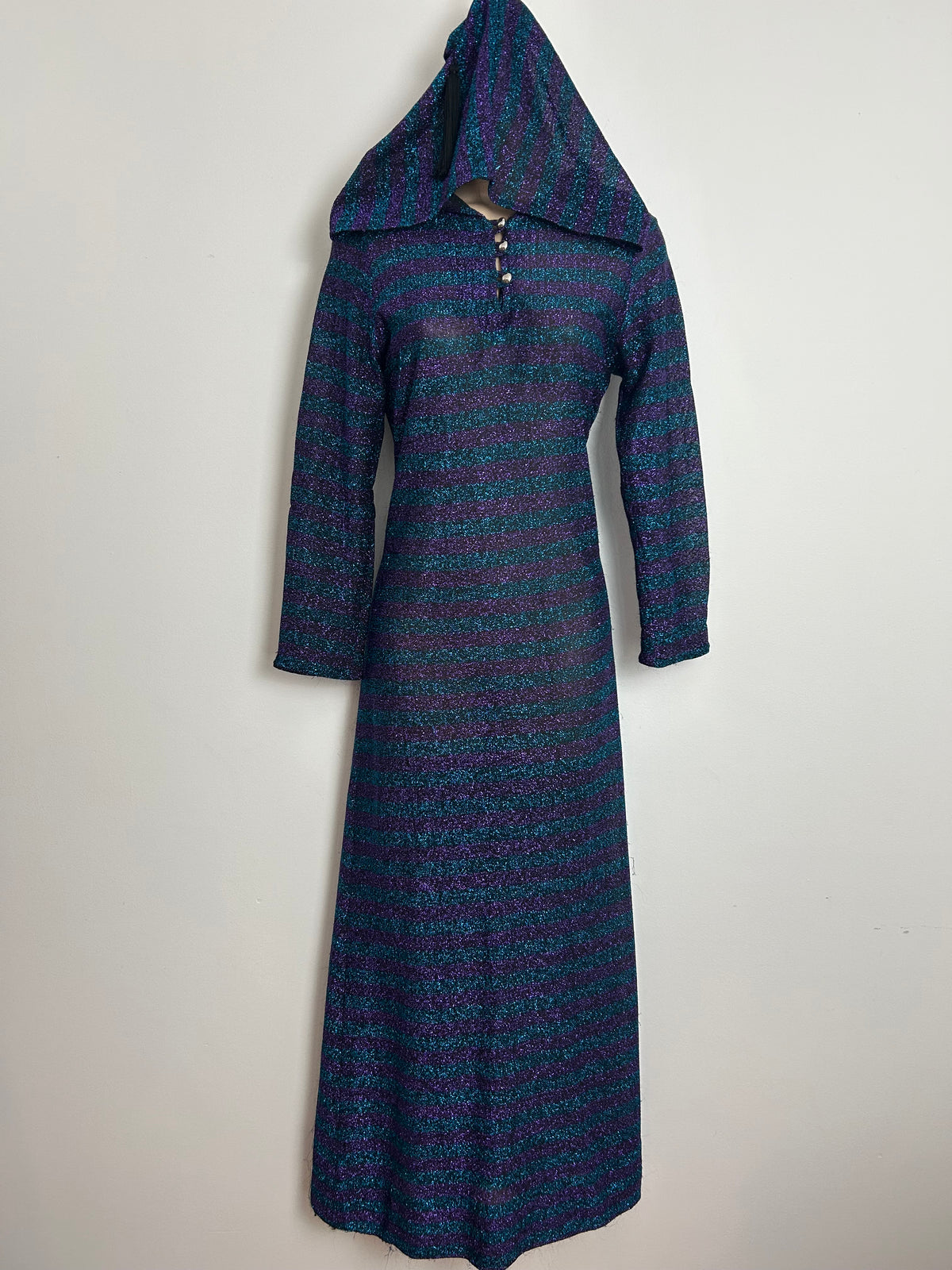 Vintage 1970s Size 6-8 Dark Turquoise & Purple Stripe Print Lurex Shimmery Hooded Occasion Maxi Dress