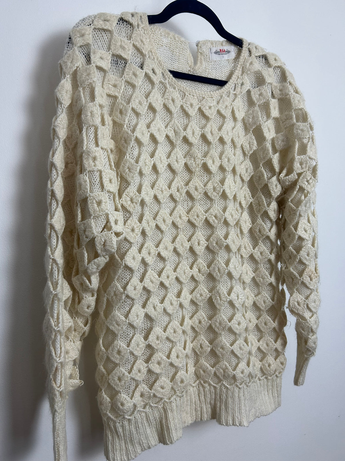 Vintage 1980s Up To Size 14 Cream Double Layer Diamond Cut Out Outer Layer Slouchy Jumper