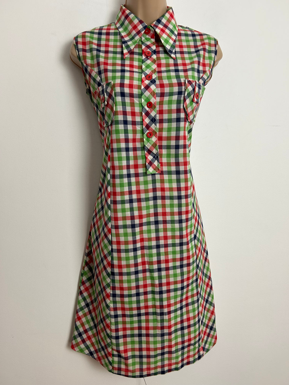 Vintage 1970s Size 12 White Green Red & Blue Check Print Cotton Mix Sleeveless Mod Shift Dress
