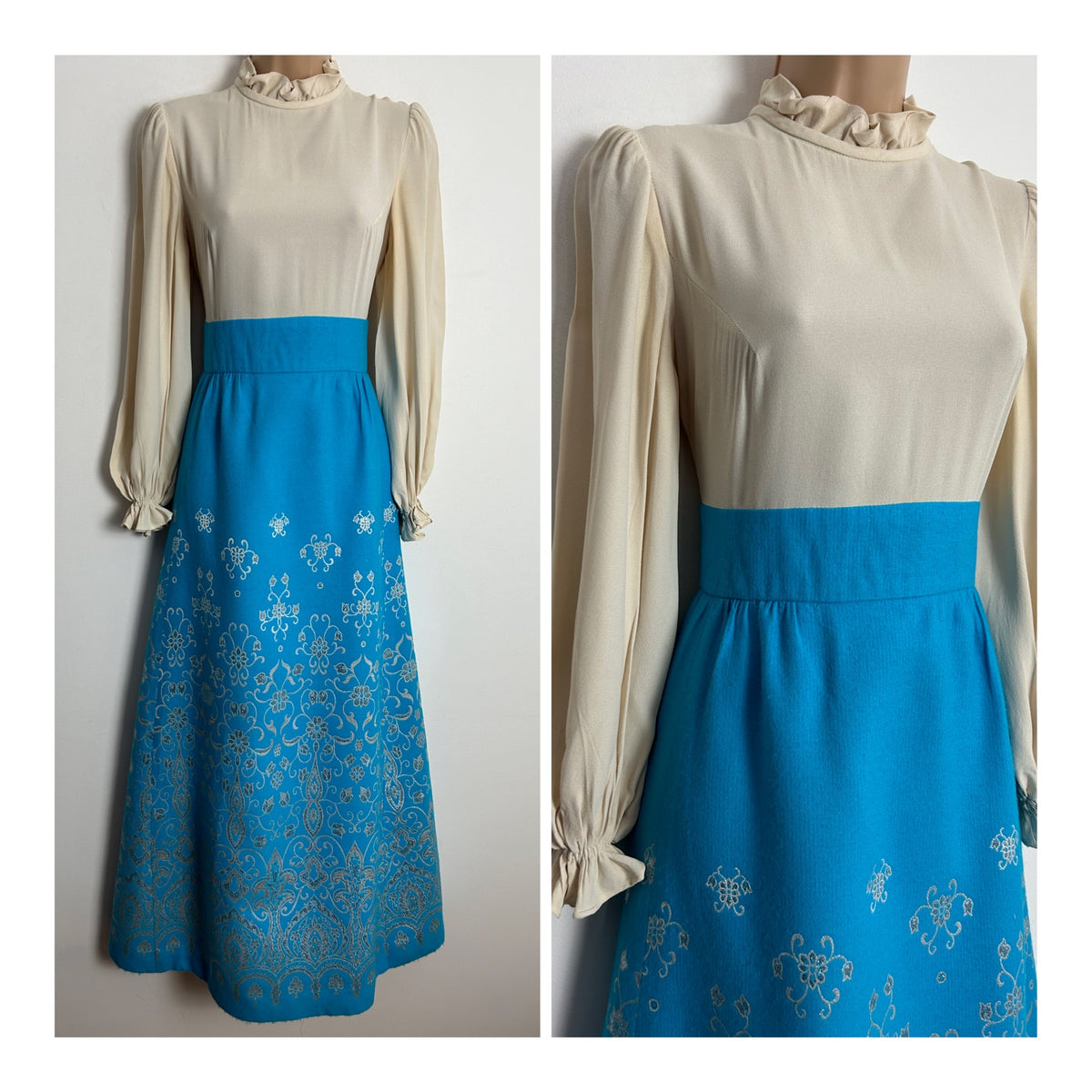 Vintage 1960s BERKERTEX UK Size 6-8 Turquoise & Cream Floral Detail Long Sleeve Occasion Maxi Dress