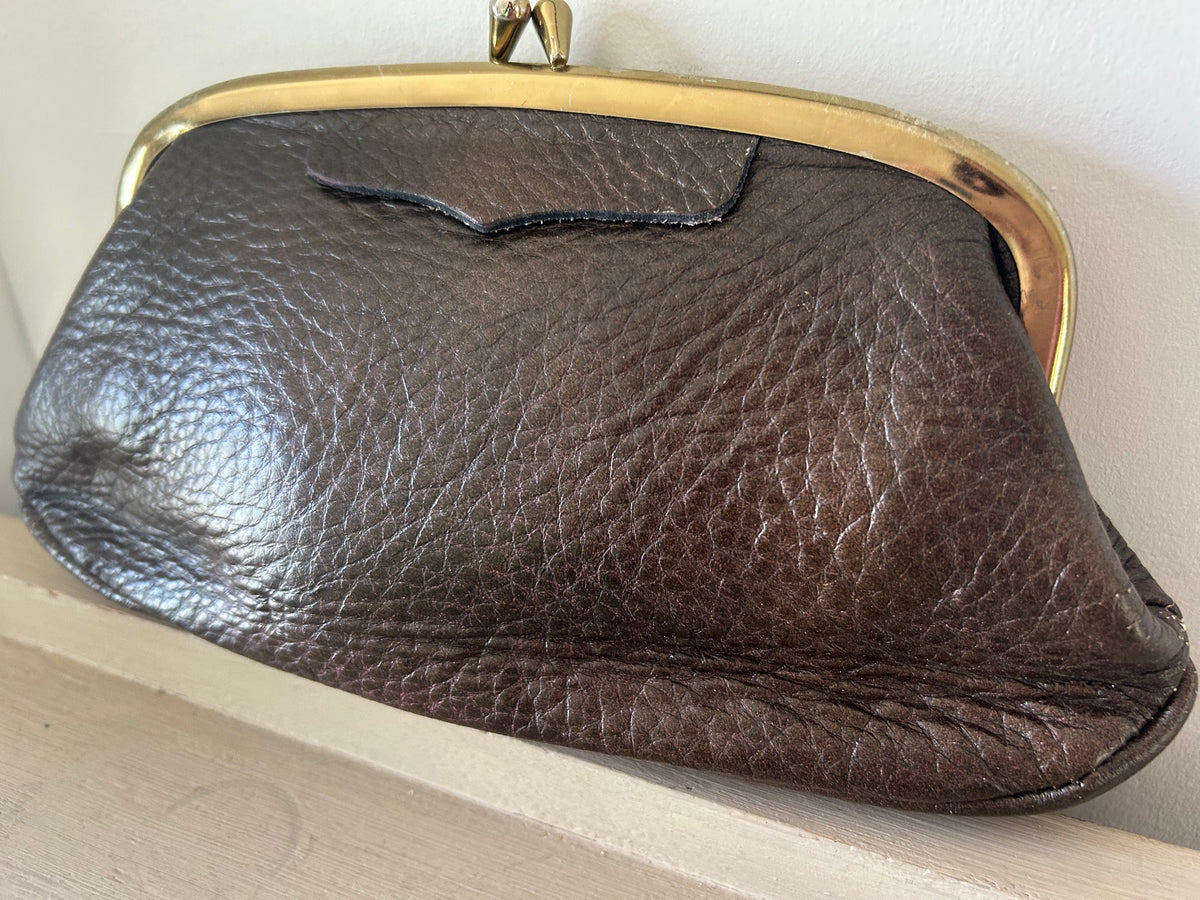 Vintage 1960s LETISSE Small Brown Leather Mock Croc Clutch Bag