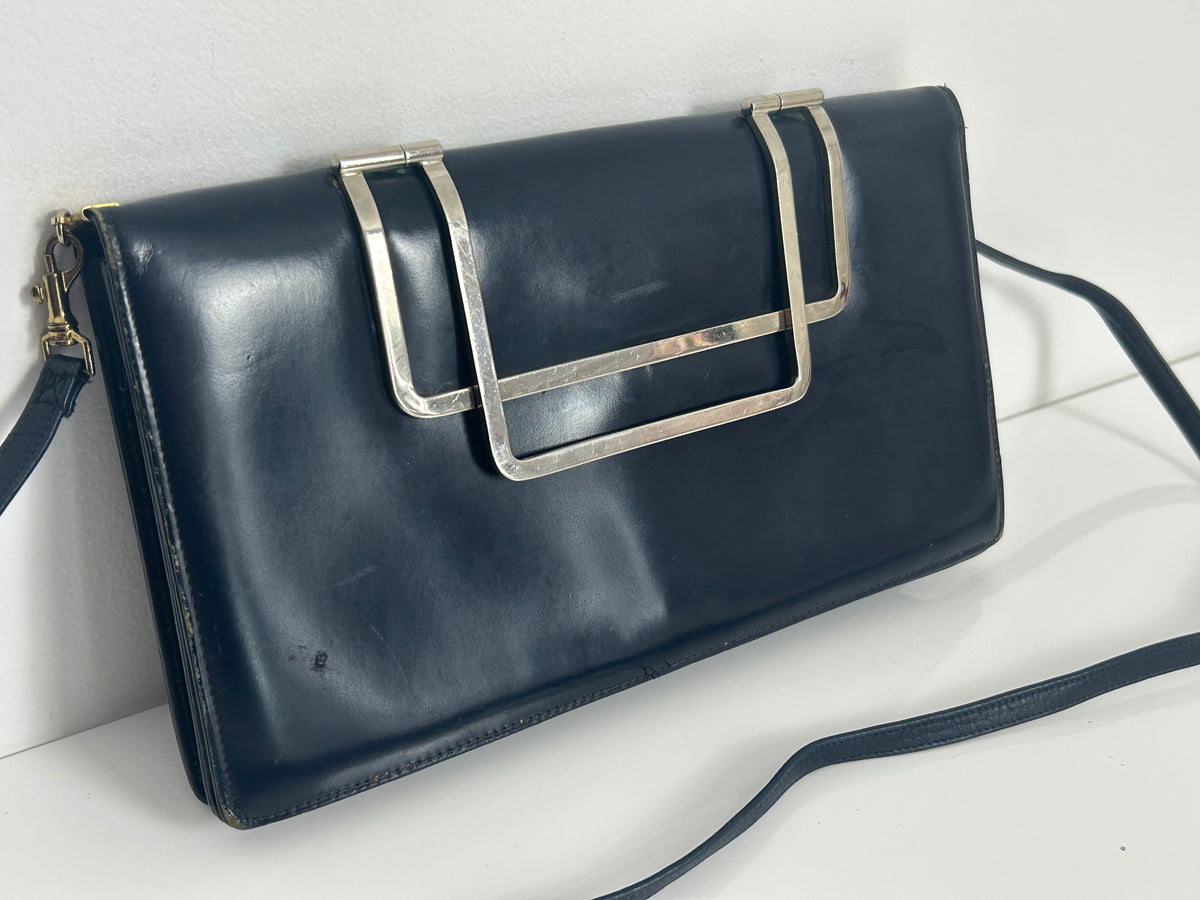 Vintage 1970s Very Dark Blue Leather Silver Handled Mod Clutch Or Shoulder Bag