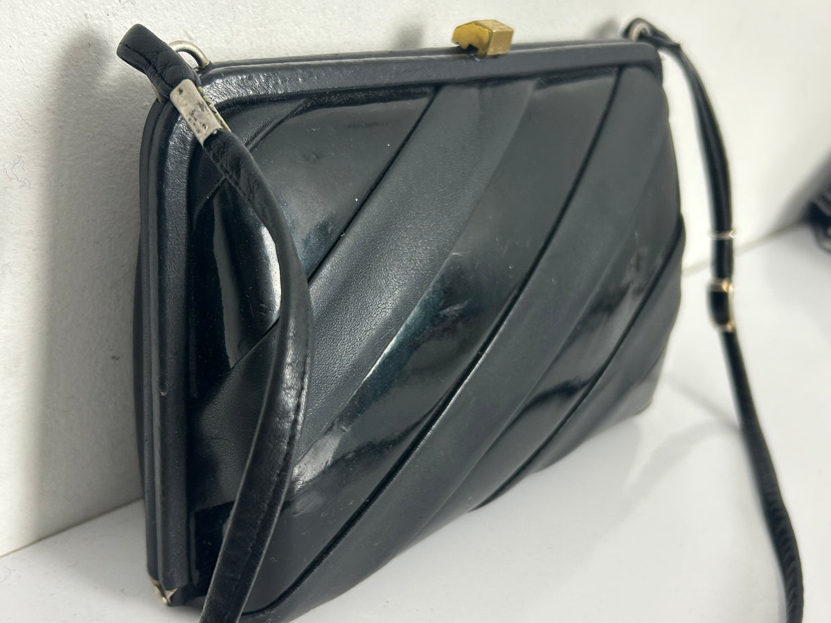 Vintage 1960s Black Leather & Patent Panels Box Style Shoulder Handbag