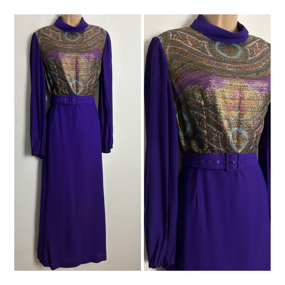 Vintage Late 1960s JOBI UK Size 10-12 Purple Teal & Gold Lurex Pattern Bodice Belted Occasion Maxi Dress