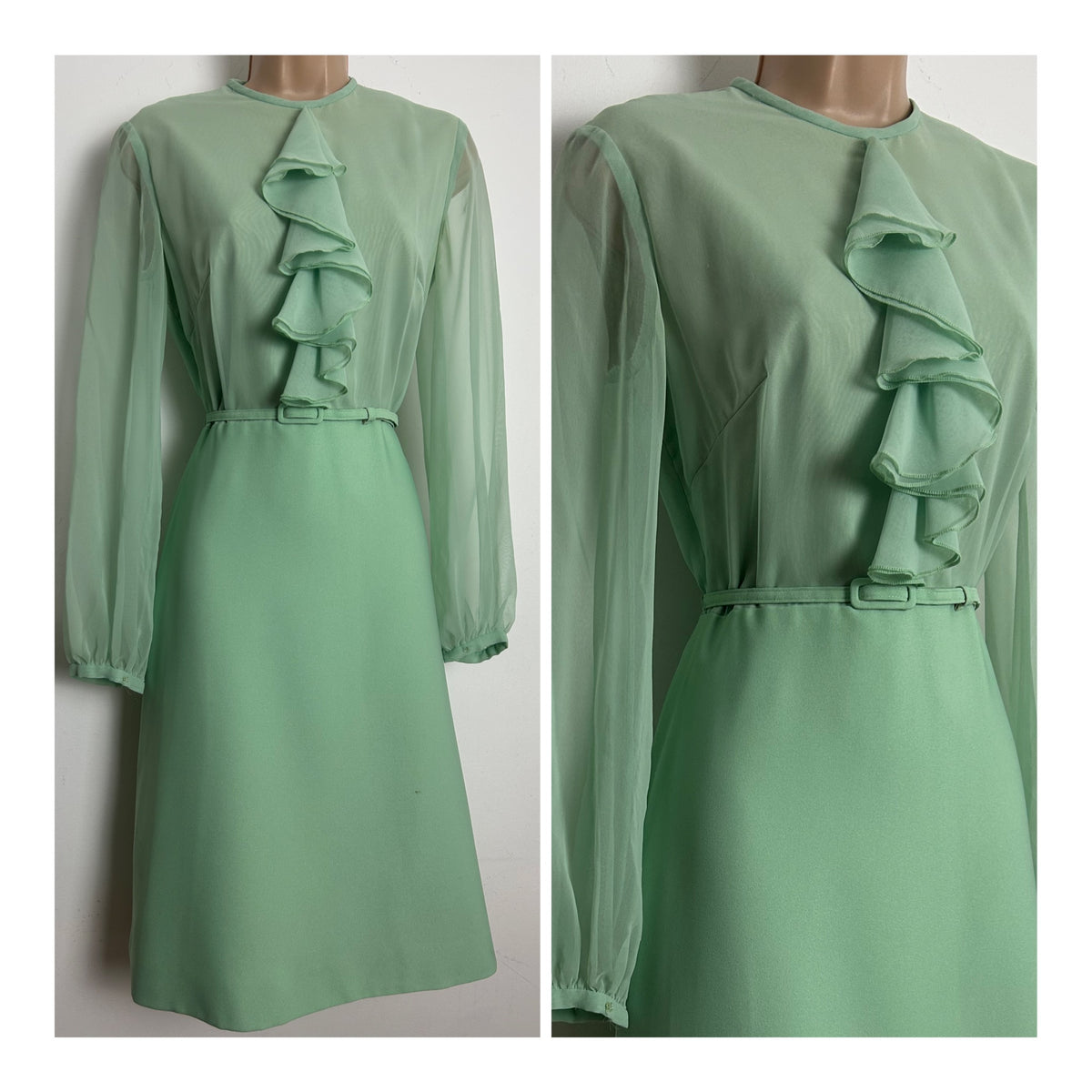 Vintage 1960s PEGGY FRENCH COUTURE Size 8 Pale Green Ruffle Trim Belted Mod Dress