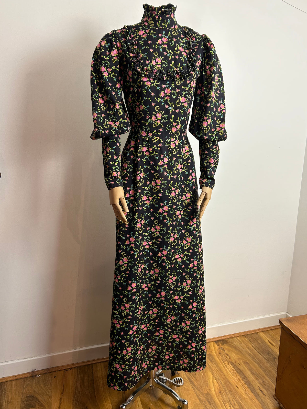 Vintage 1970s UK 10 Black Pink & Green Floral Print Ruffle Trim Long Sleeve Cotton Prairie Maxi Dress