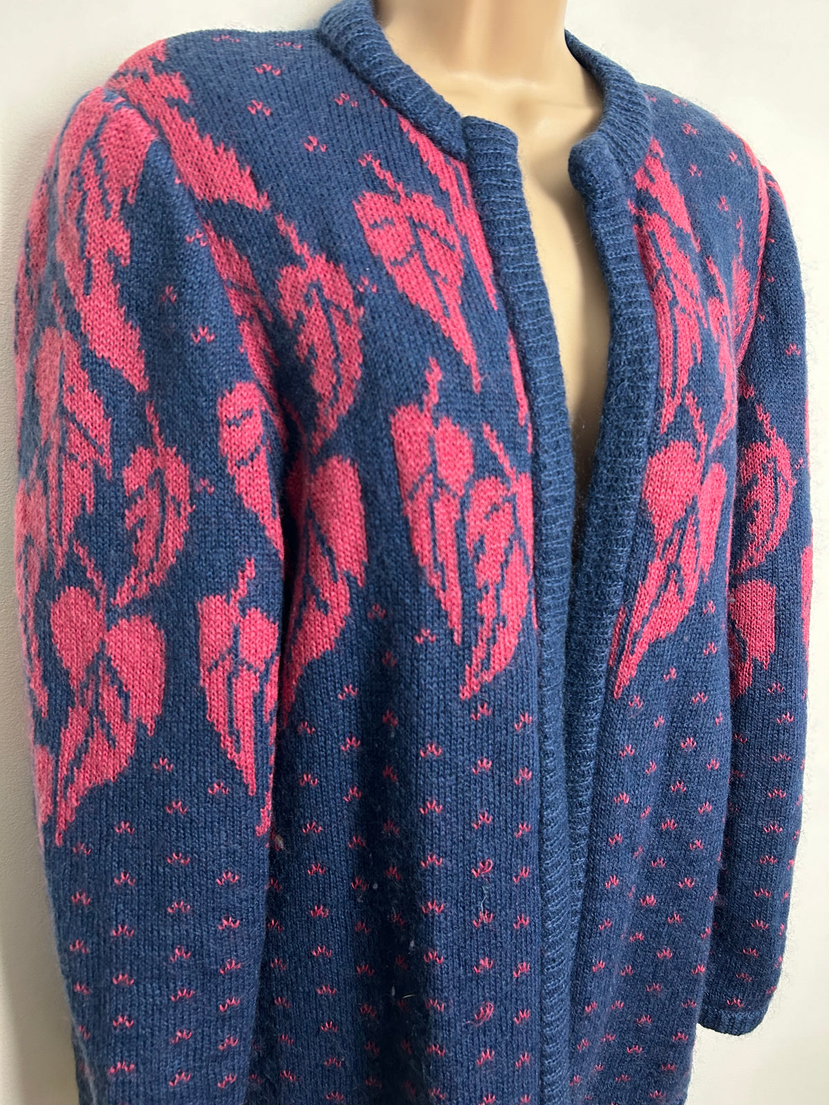 Vintage 1980s ESCADA Up To Size 16 KID MOHAIR Blue & Pink Leaf Print Open Fronted Long Sleeve Cardigan