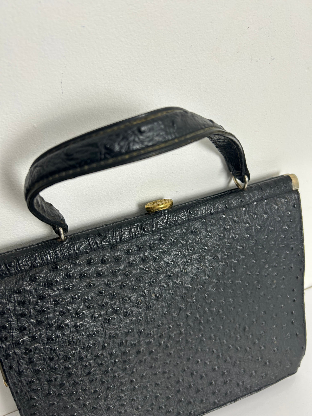 Vintage 1950s Black Ostrich Leather Kelly Style Handbag