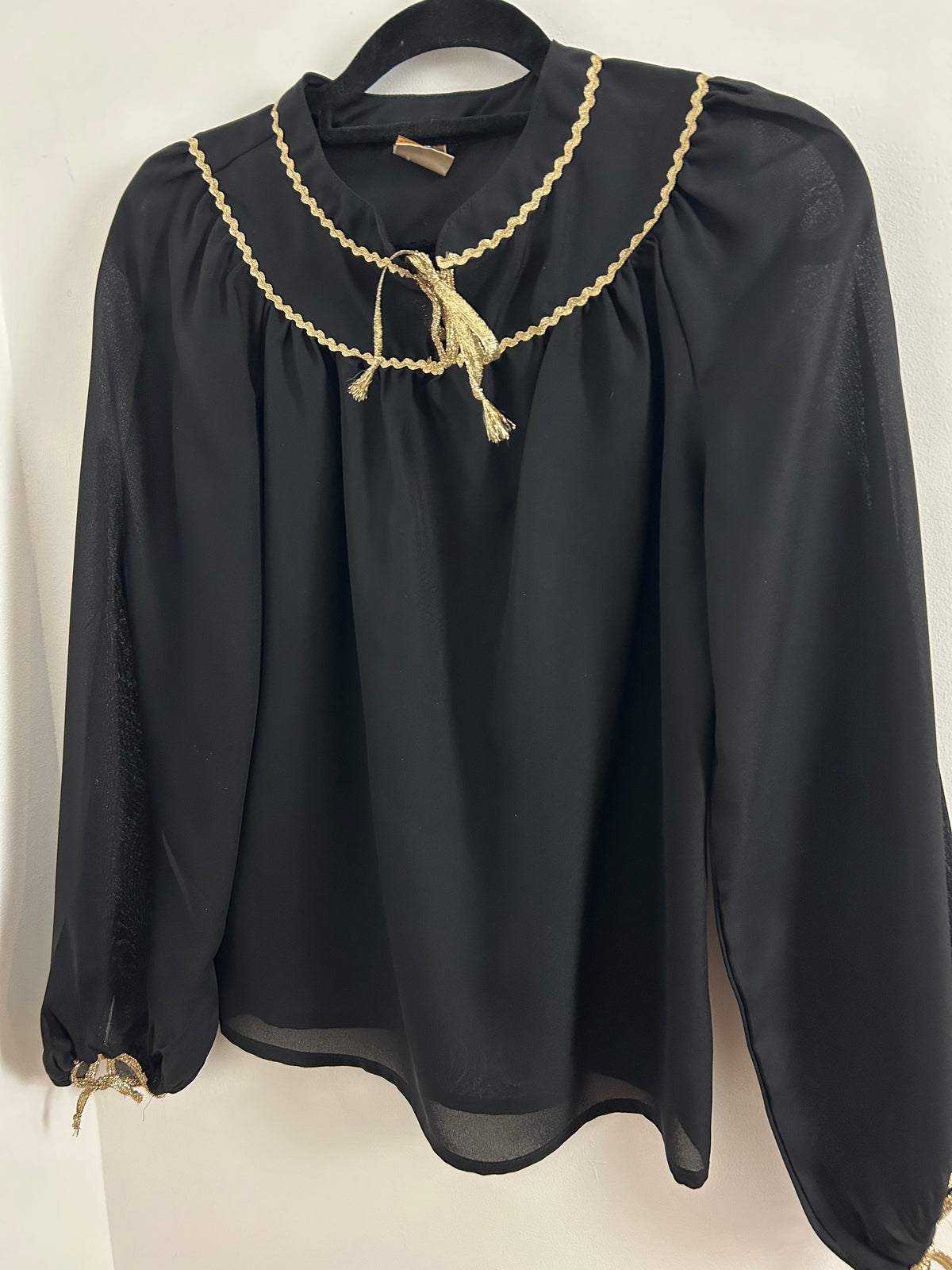 Vintage 1980s CECILE DE REVE UK Size 10-12 Black Semi Sheer Chiffon Gold Ric Rac Trim Blouse