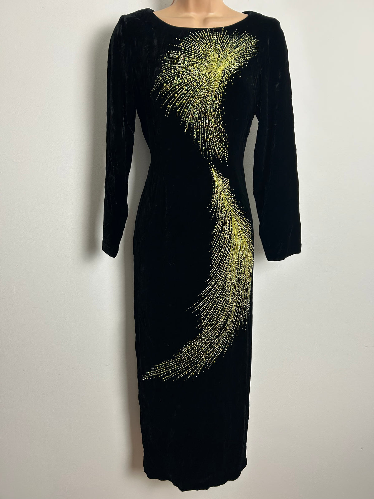 Vintage 1990s Size 8 Black Velour Gold & Green Shimmery Glitter Detail Midi Occasion Evening Dress