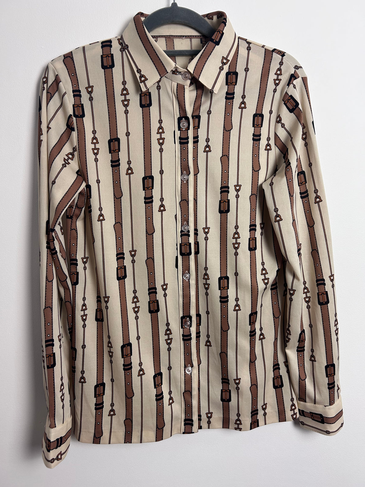Vintage 1970s UK Size 8 Cream & Tan Brown Strap Belt & Stirrup Novelty Print Stripe Print Long Sleeve Shirt