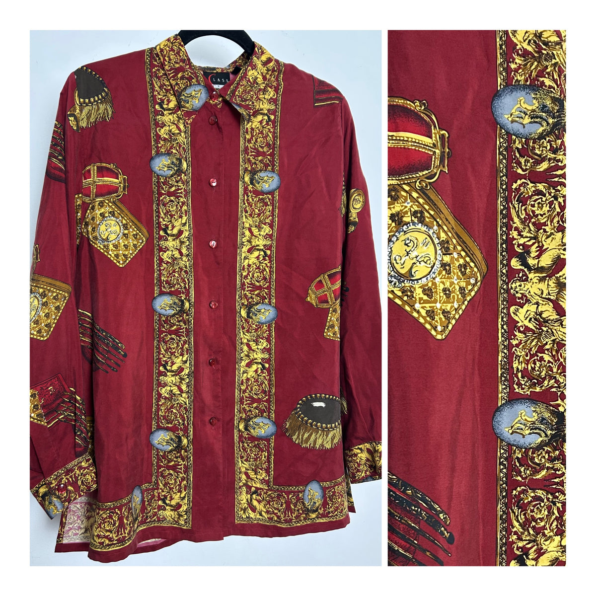 Vintage 1980s INTERCHIC Size 14-16 Maroon Baroque Print 100% Silk Shirt