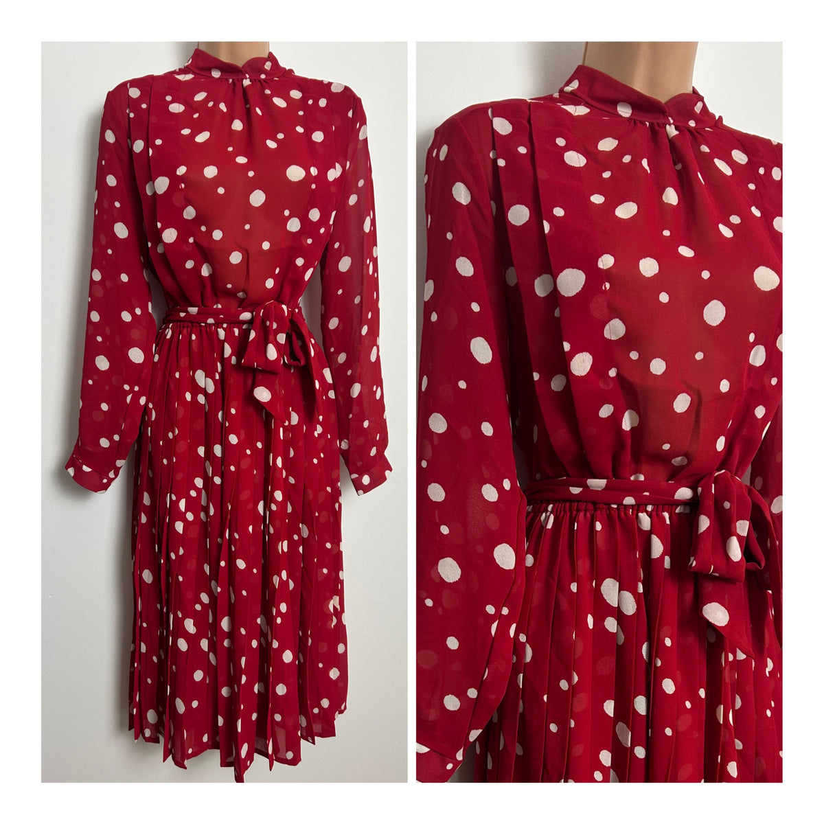 Vintage Early 1980s ST MICHAEL Size 12 Red & White Polka Dot Spot Print Belted Pleated Dress