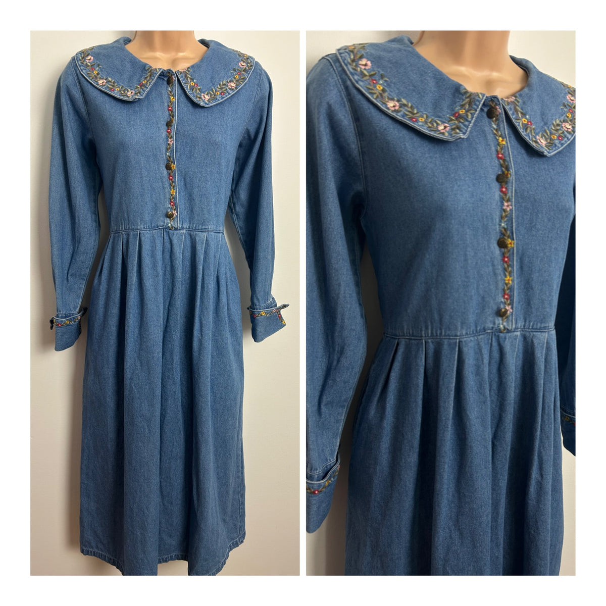 Vintage 1980s FADS Size 10 Denim Embroidered Collar & Cuffs Detail Pleated Midi Dress