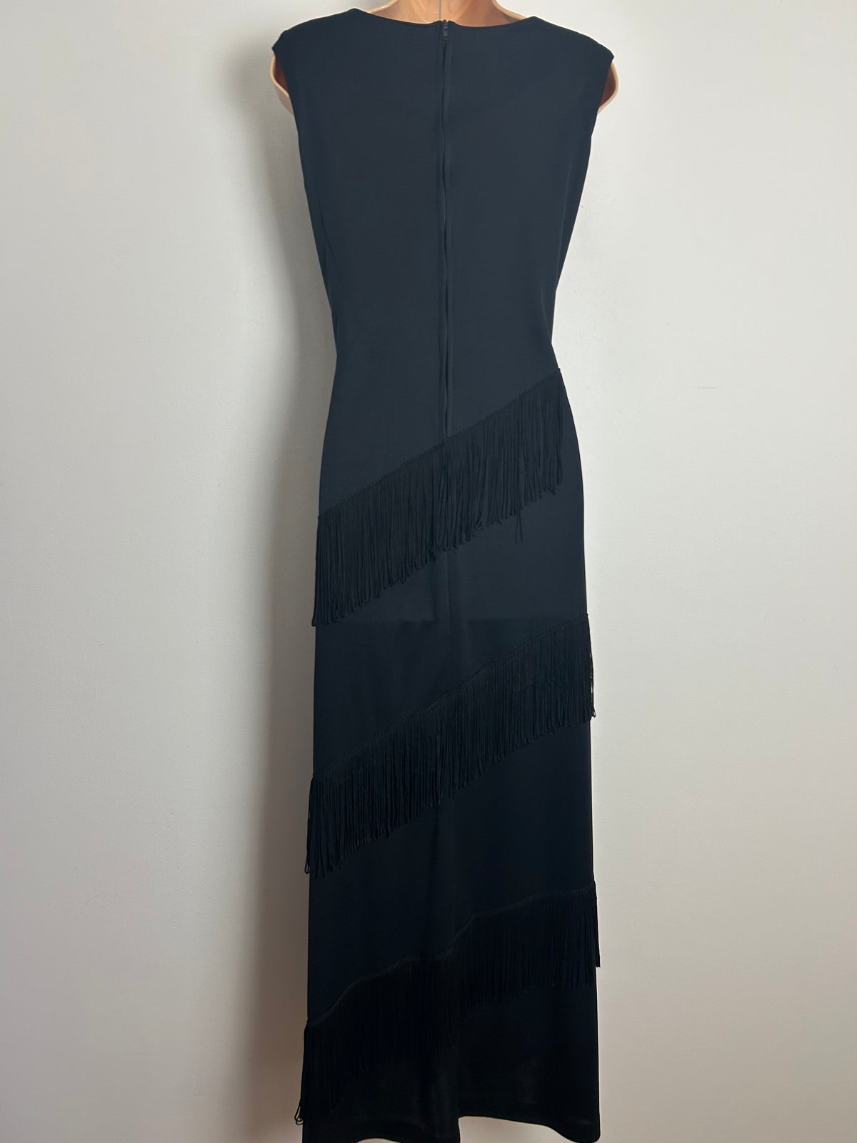 Vintage 1970s Size 12 Black Sleeveless Fringe Tassel Detail Evening Occasion Maxi Dress