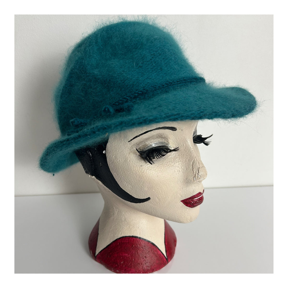 Vintage Teal Green Angora Mix Braid Trim Tie Detail Fedora Style Hat