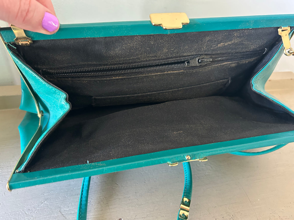 Vintage 1980s Jade Green Faux Leather Stitch Detail  Shoulder Or Clutch Bag