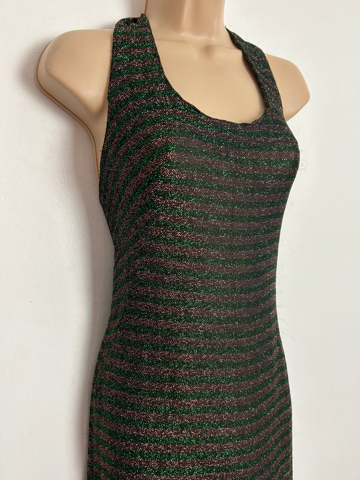 Vintage Late 1960s ARISTOS OF LONDON CARNABY ST UK Size 6 Black Bronze & Green Lurex Stripe Halterneck Occasion Maxi Dress