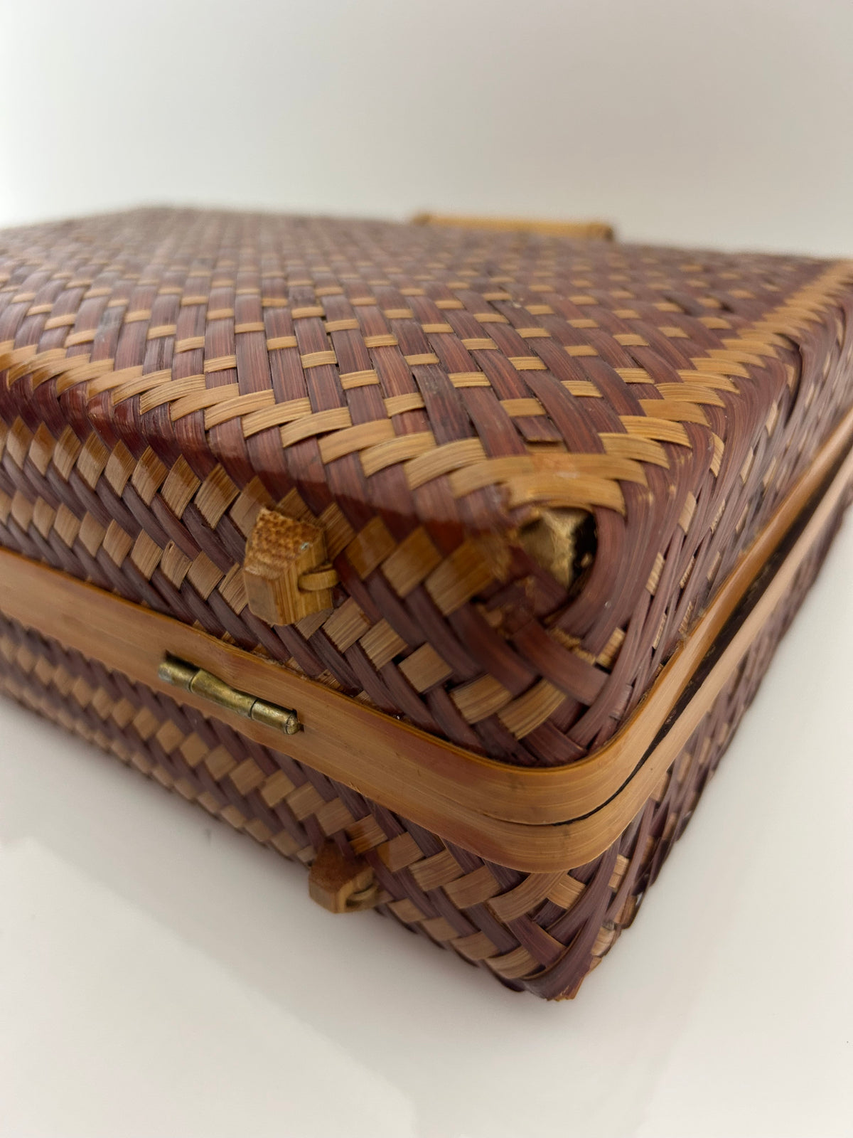 Vintage 1950s Peoples Republic Of China Brown & Tan Wicker Woven Box Style Handbag