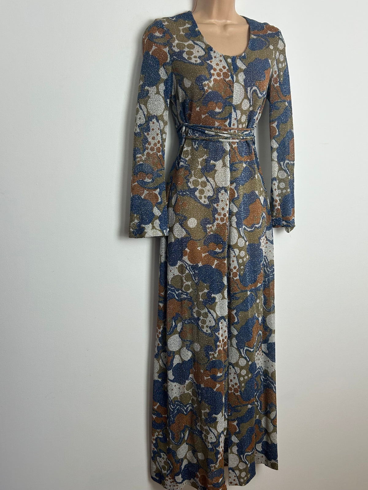 Vintage 1970s SKIVA Size 8 Blue & Brown Tones Abstract Print Lightweight Lurex Criss Cross Tie Fastening Maxi Dress