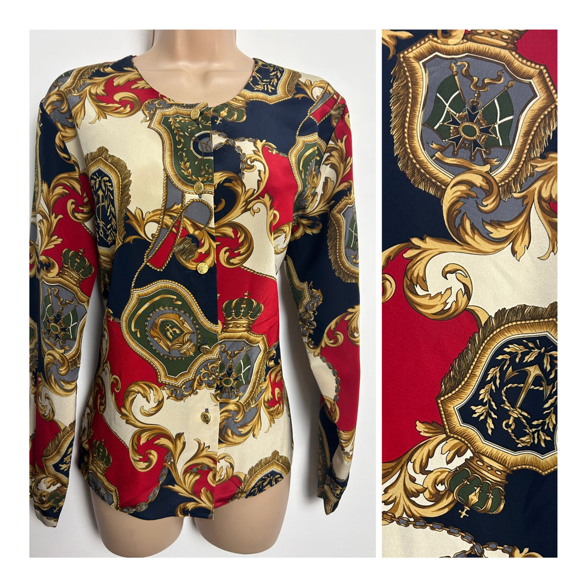 Vintage 1980s Size 12-14 Red Navy Blue Green & Gold Regal Regalia Print Long Sleeve Blouse