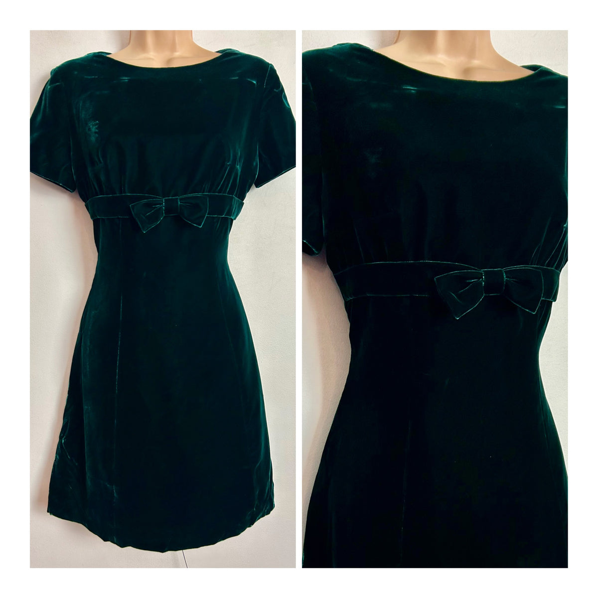 Vintage 1960s UK Size 8-10 Bottle Green Velvet Bow Detail Xmas Mod Dress