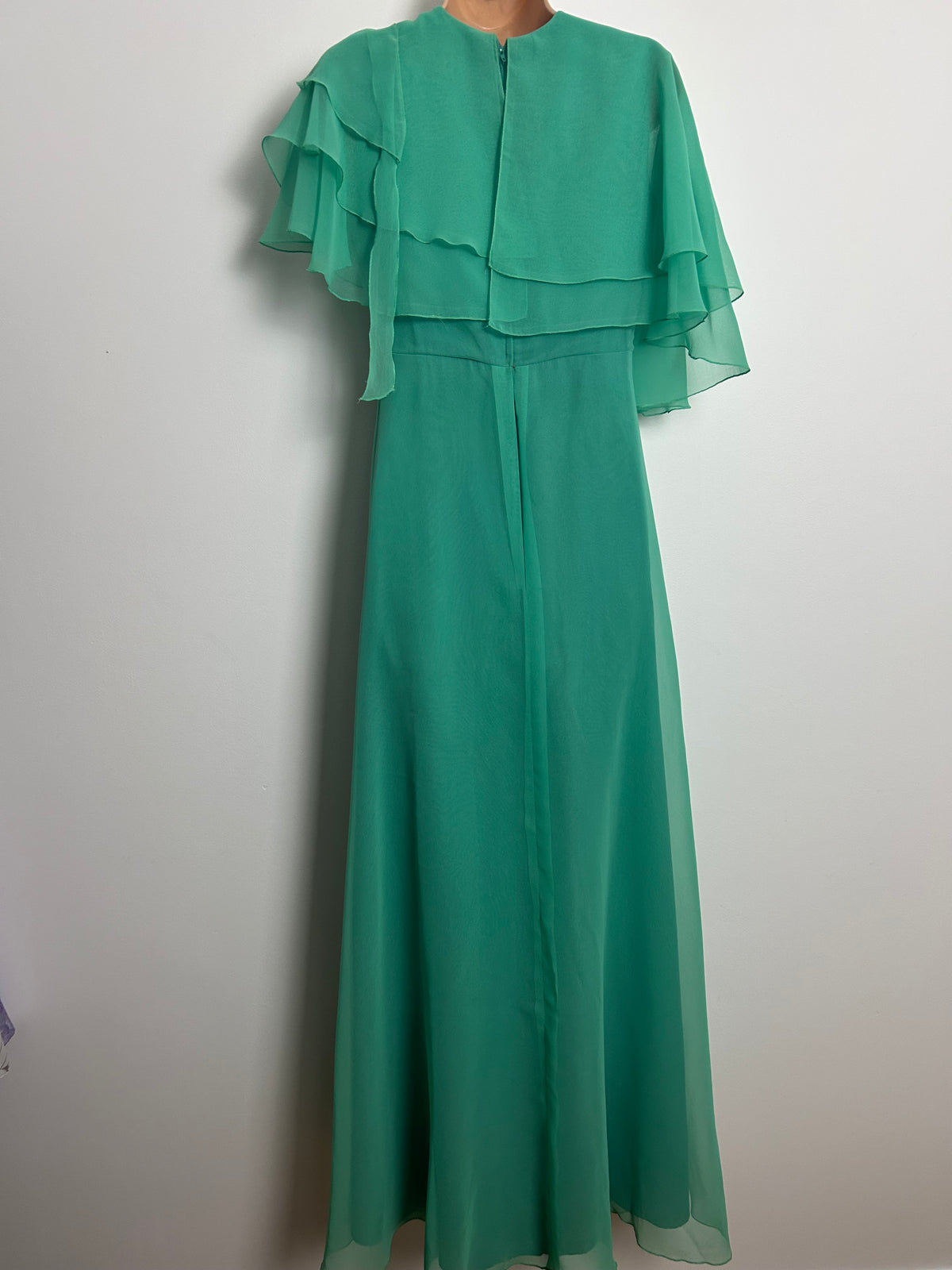 Vintage 1970s JOHN CHARLES Size 8-10 Jade Green Chiffon Layered Bodice Boho Occasion Maxi Dress